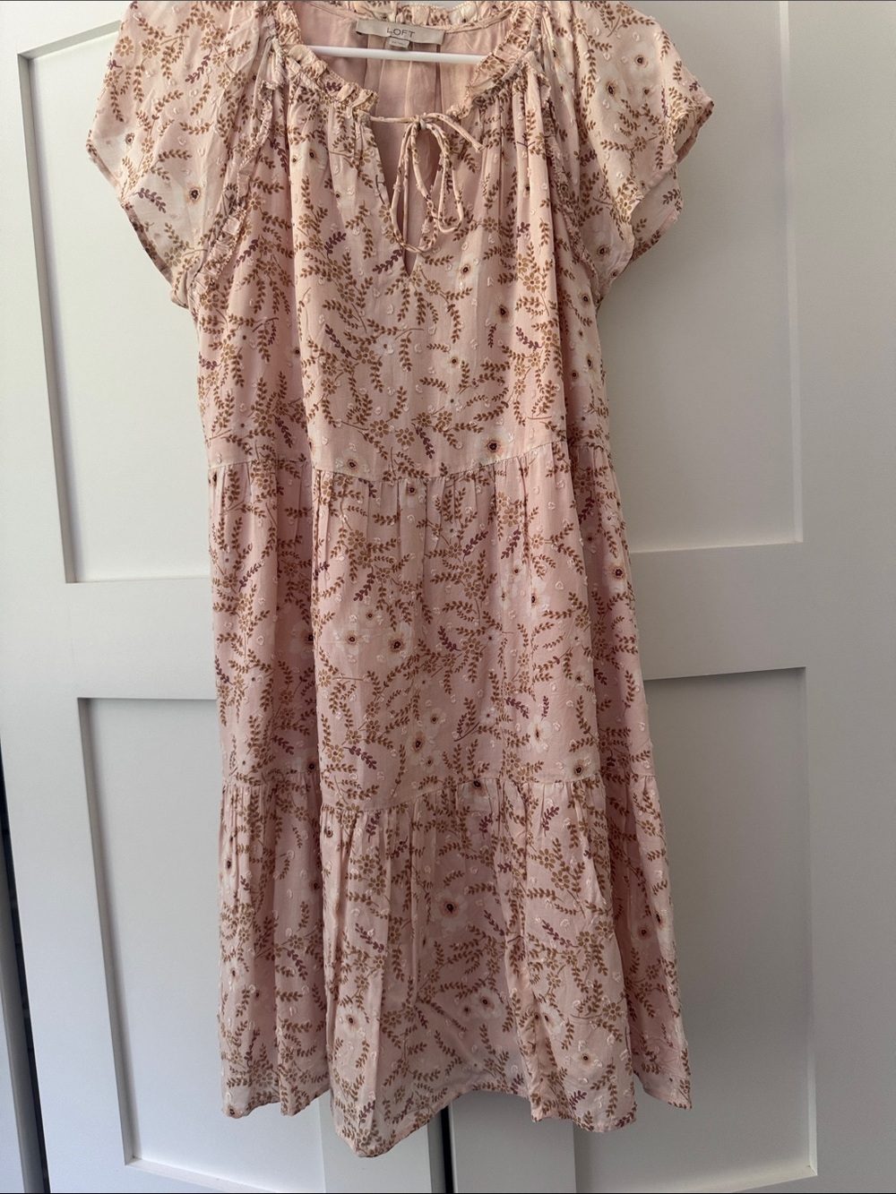 LOFT Blush Pink Floral Tie-Neck Midi Dress